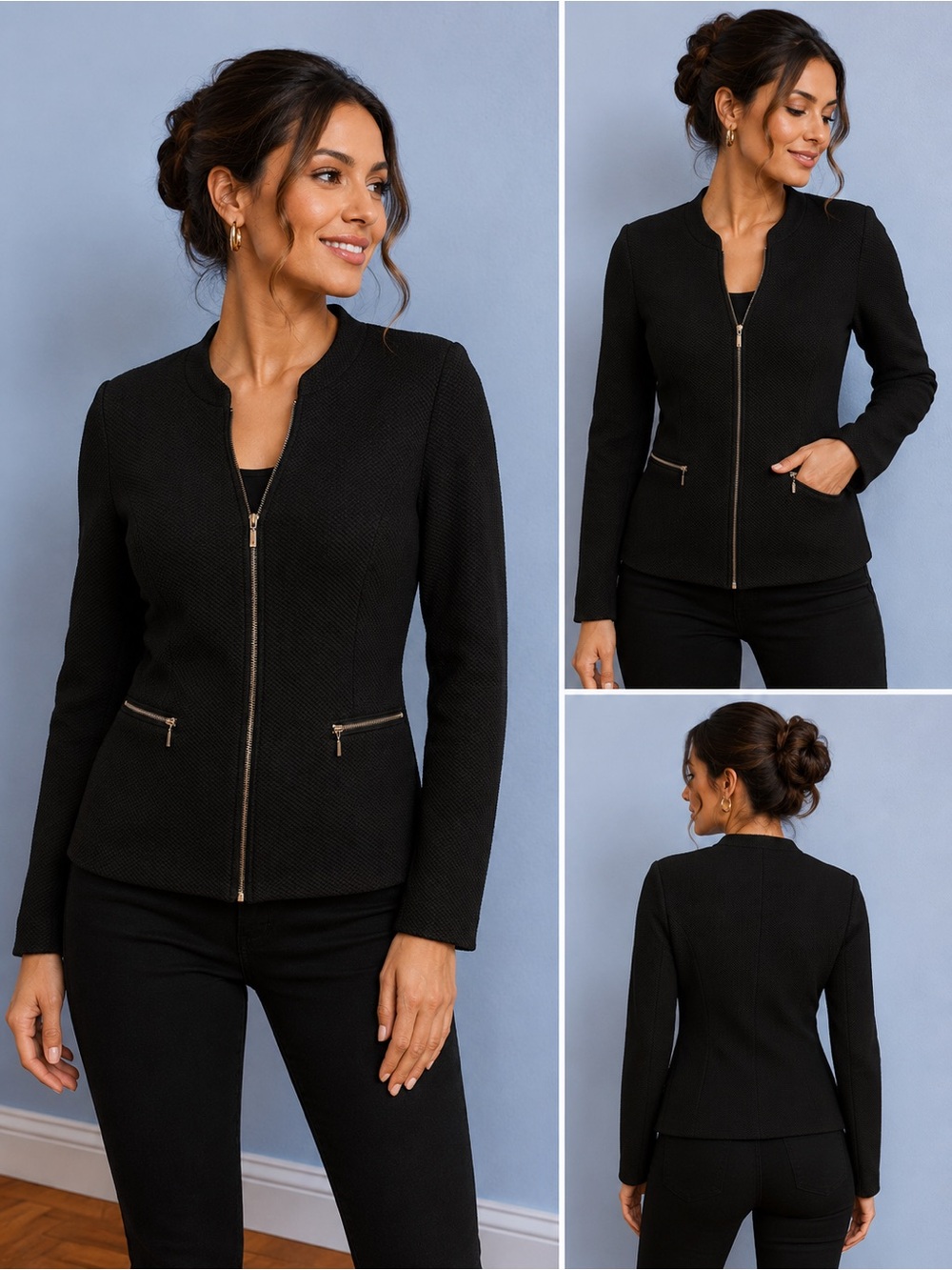 Womens Black Zip-Front Ponte Jacket